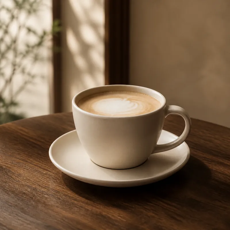 木のテーブルに置かれた、きめ細かな泡のカフェラテ